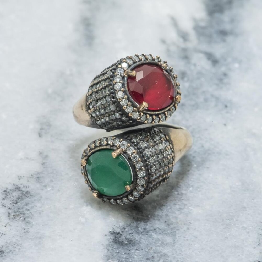 Vintage Ruby Emerald & Ruby Statement Ring Size 7 - image 1